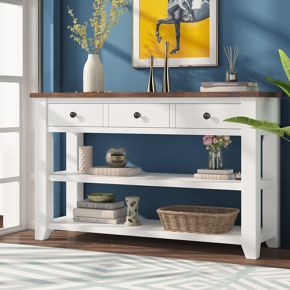 U-STYLE 48'' Modern Style Wooden Console Table with 3 Storage Drawers, and 2 Shelves, for Entrance, Hallway, Dining Room, Kitchen - White