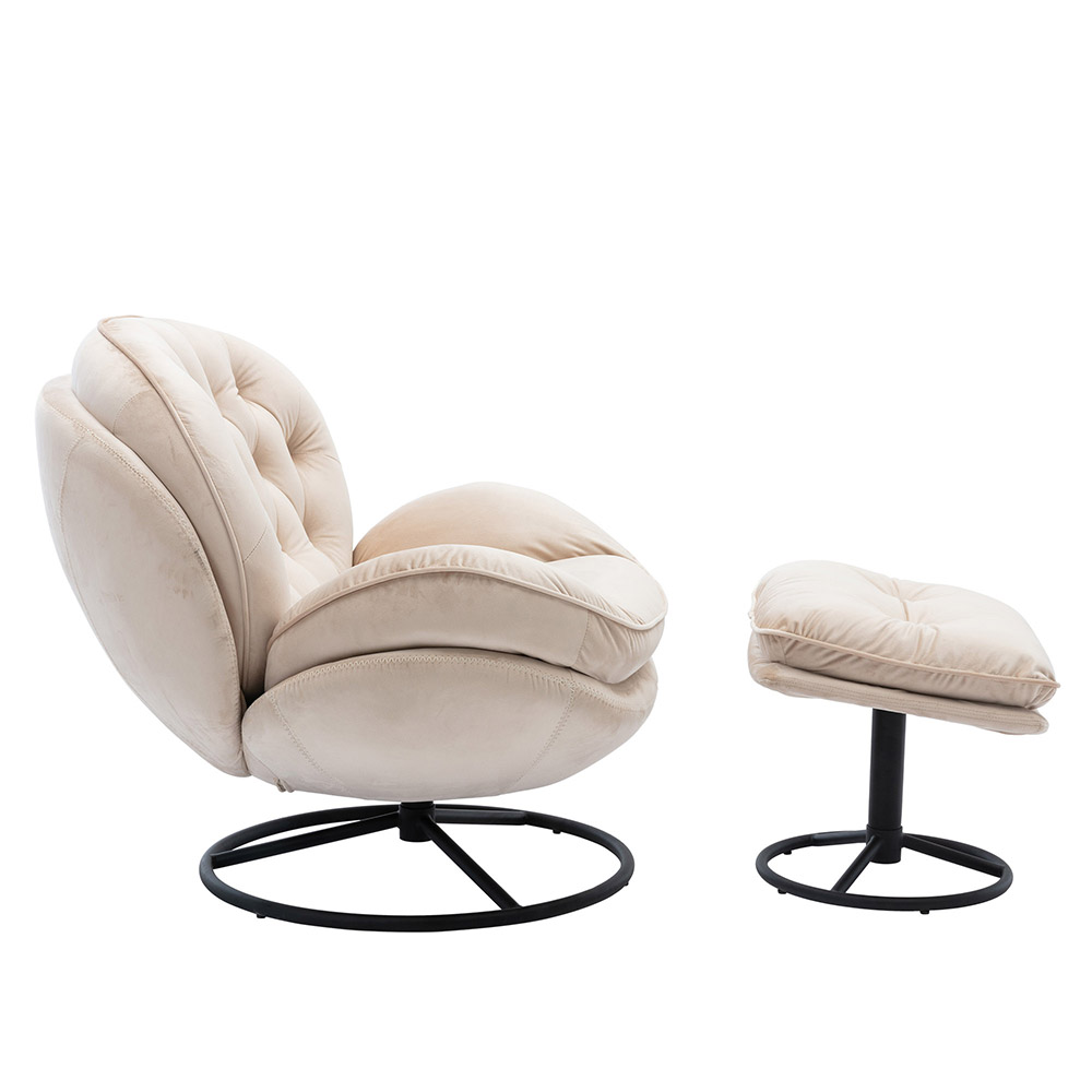 Modern Style Velvet Sofa Chair with Ottoman, and Metal Frame, for Living Room, Bedroom, Dining Room, Office - Beige