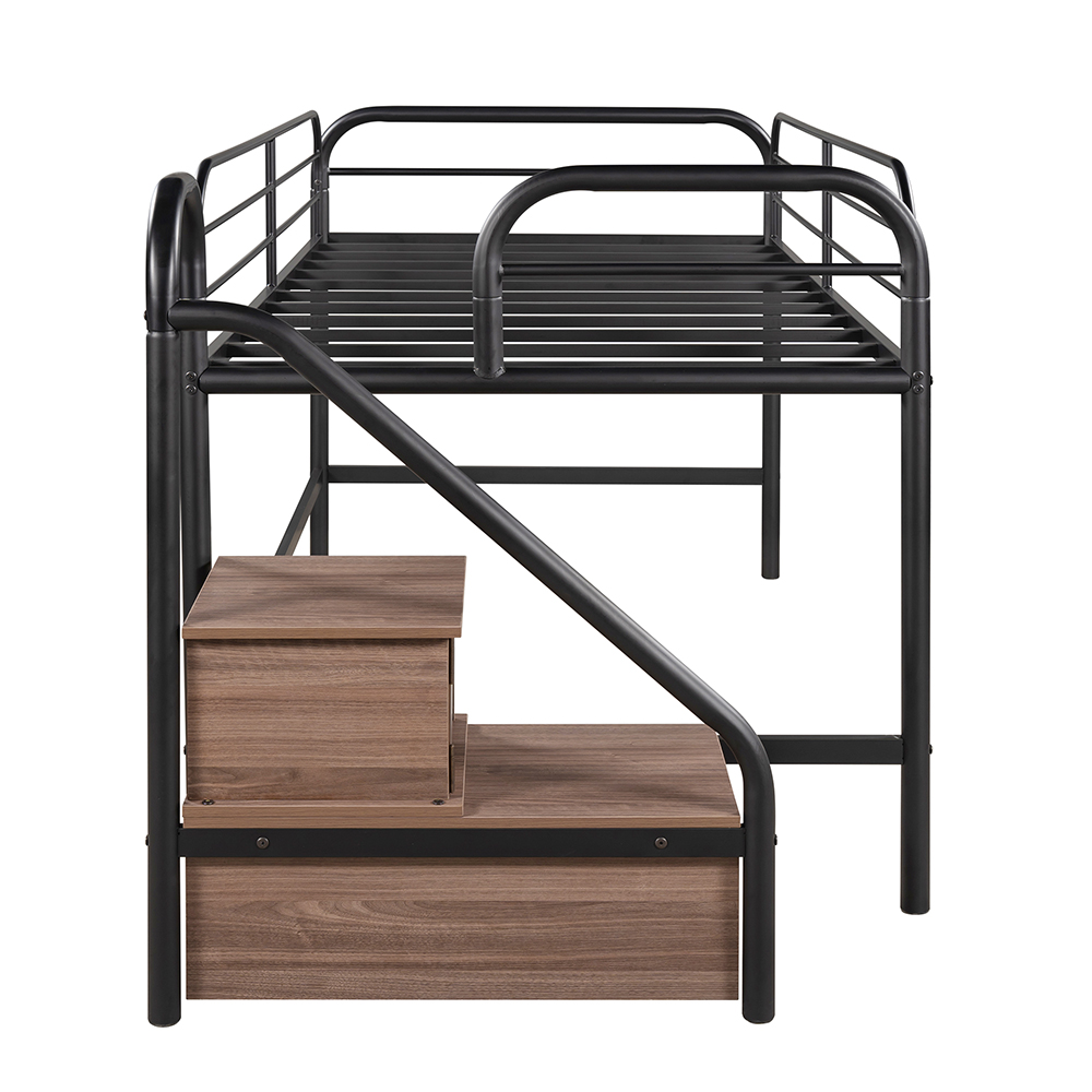 Twin-Size Loft Bed Frame with 2 Storage Stairs, and Metal Slats Support, Space-saving Design, No Box Spring Needed - Brown