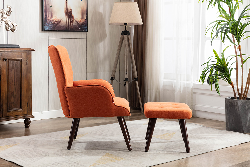 Canyon Vista Modern Style Linen Sofa Chair with Ottoman, and Wooden Frame, for Living Room, Bedroom, Dining Room, Office - Orange