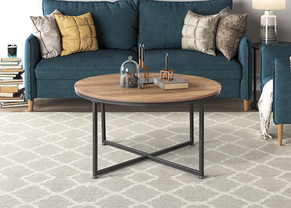 35" Round Wooden Coffee Table, with Metal Frame, for Kitchen, Restaurant, Office, Living Room, Cafe - Light Brown