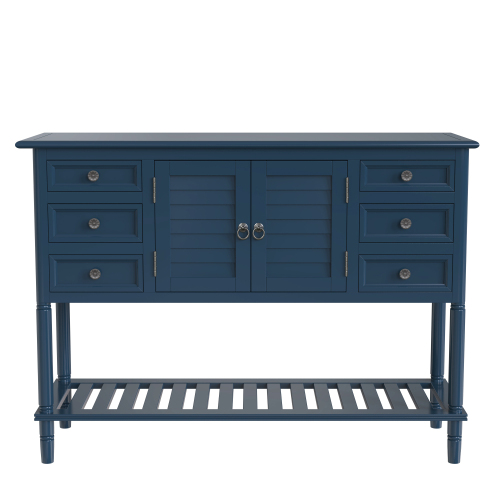 U-STYLE 45'' Retro Style Wooden Console Table with 6 Storage Drawers, 1 Cabinets and Bottom Shelf, for Entrance, Hallway, Dining Room, Kitchen - Navy