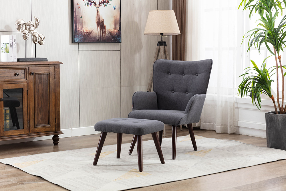 Canyon Vista Modern Style Linen Sofa Chair with Ottoman, and Wooden Frame, for Living Room, Bedroom, Dining Room, Office - Gray