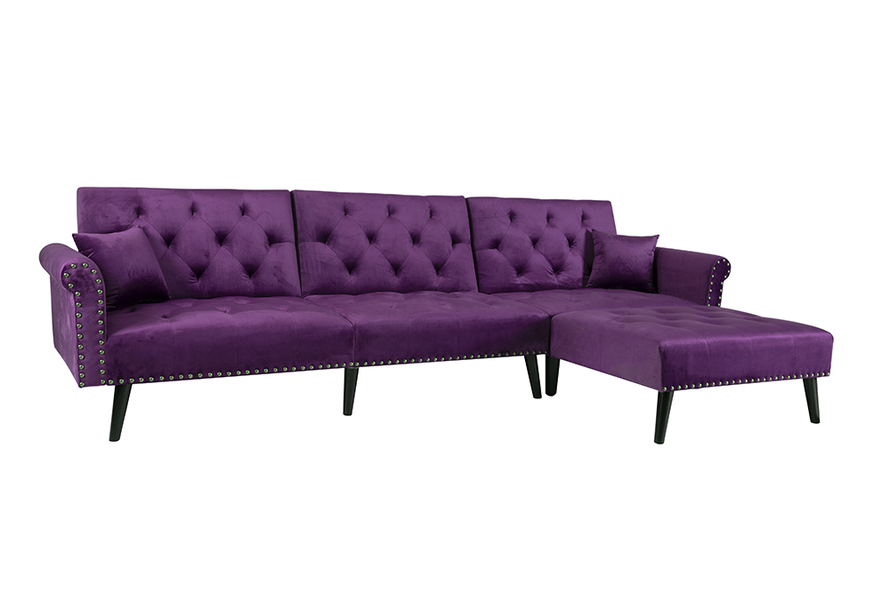 4-Seat Velvet Convertible Folding Sofa Bed, with Backrest and Armrest, for Living Room, Bedroom, Office, Apartment - Purple