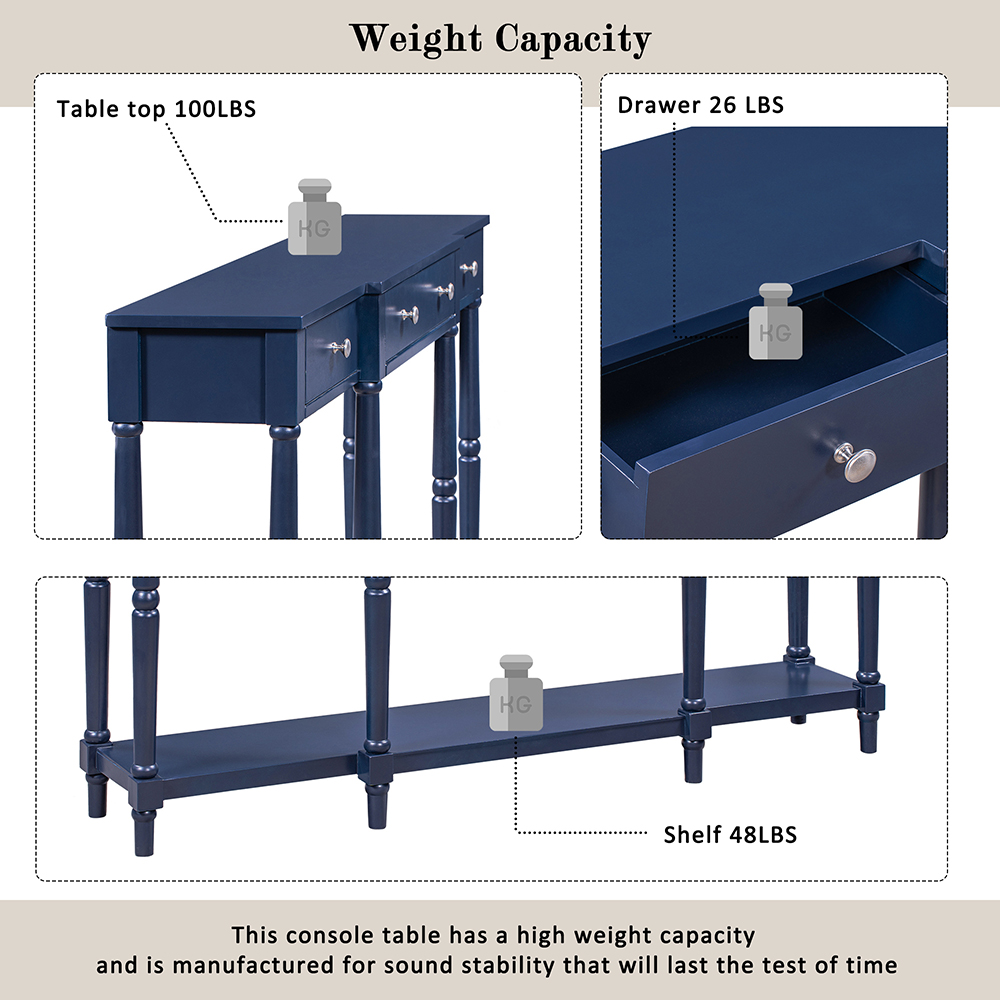 U-STYLE 58" Modern Style Wooden Console Table with 3 Storage Drawers, and Bottom Shelf, for Entrance, Hallway, Dining Room, Kitchen - Navy