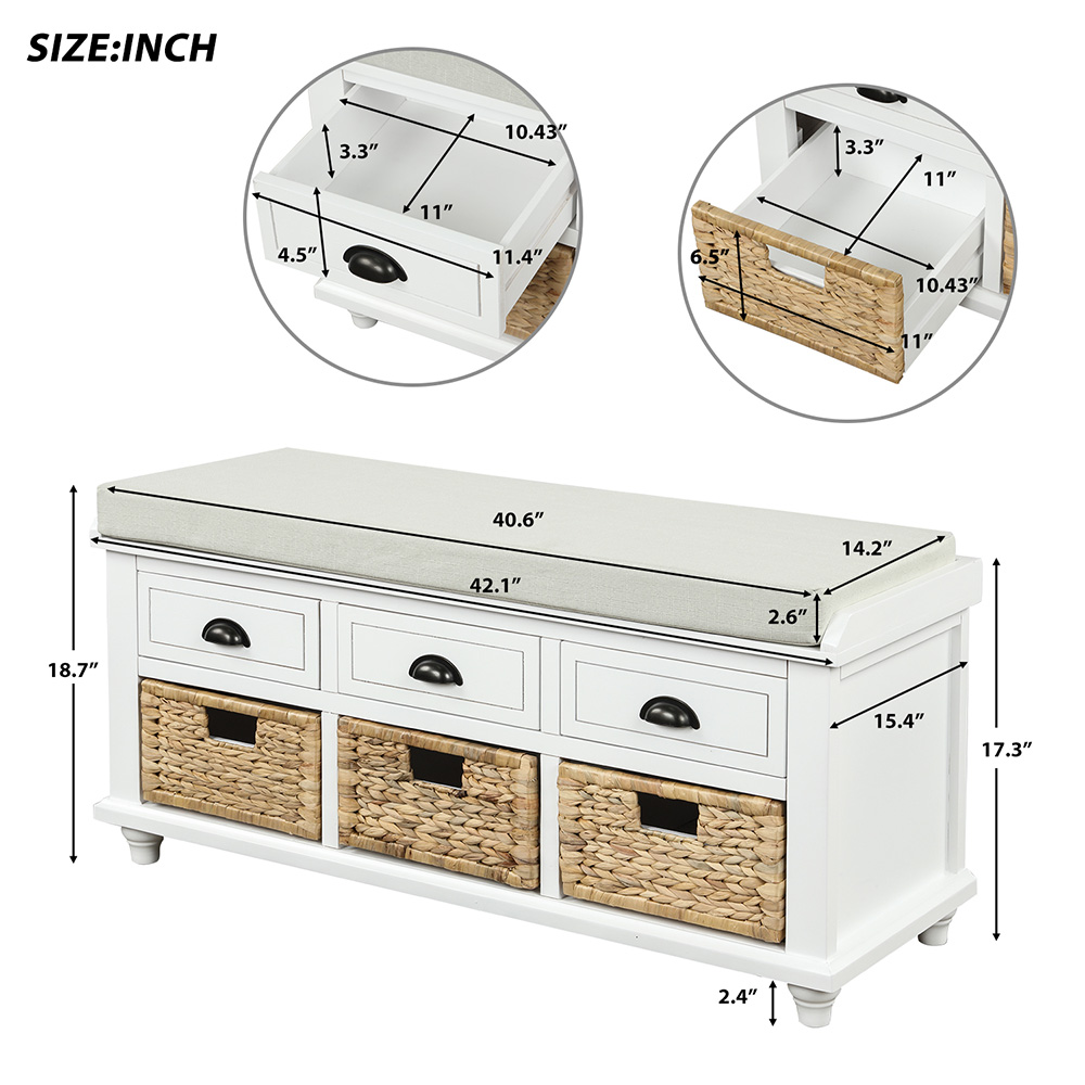 TREXM 42.1" Rustic Style Storage Bench with 3 Drawers, 3 Rattan Baskets, and Removable Cushion, for Entrance, Hallway, Bedroom, Living Room - White