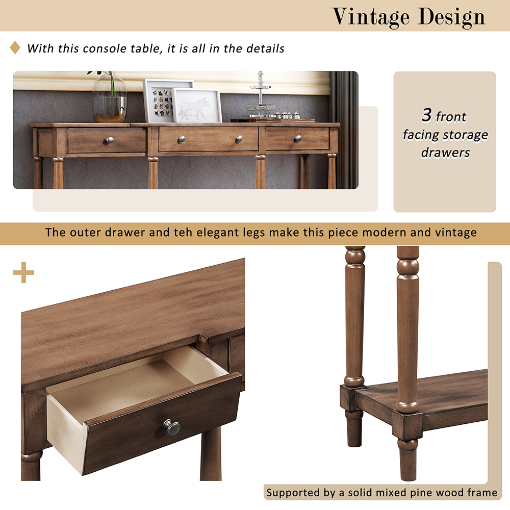 U-STYLE 58" Modern Style Wooden Console Table with 3 Storage Drawers, and Bottom Shelf, for Entrance, Hallway, Dining Room, Kitchen - Brown