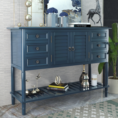 U-STYLE 45'' Retro Style Wooden Console Table with 6 Storage Drawers, 1 Cabinets and Bottom Shelf, for Entrance, Hallway, Dining Room, Kitchen - Navy