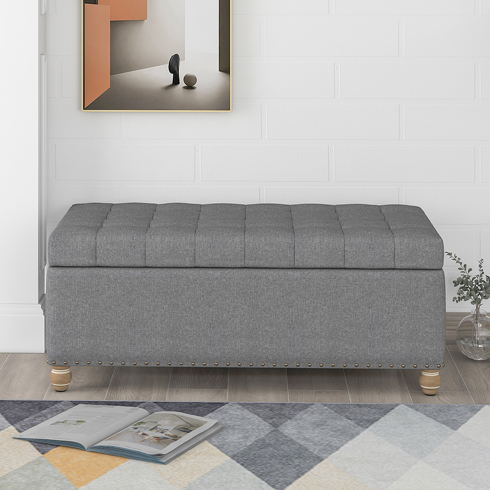 U-STYLE 39.4" Upholstered Storage Bench with Tufted Top, and Rubber Wood Legs, for Entrance, Hallway, Bedroom - Gray