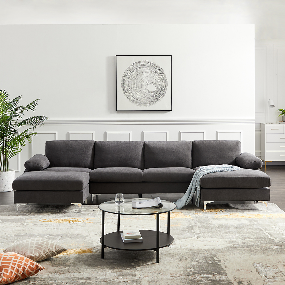 131" 5-Seat Fabric Upholstered Convertible Sectional Sofa with Ottoman, Wooden Frame, and Metal Legs, for Living Room, Bedroom, Office, Apartment - Dark Gray