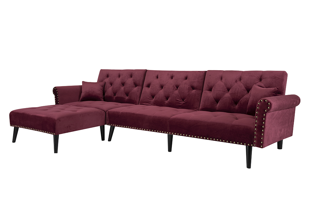 115" 4-Seat Velvet Upholstered Convertible Sofa Bed with Wooden Legs, for Living Room, Bedroom, Office, Apartment - Red