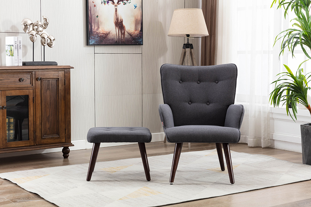 Canyon Vista Modern Style Linen Sofa Chair with Ottoman, and Wooden Frame, for Living Room, Bedroom, Dining Room, Office - Gray