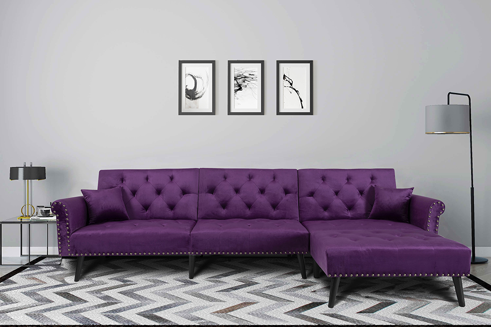 115" 4-Seat Velvet Upholstered Convertible Sofa Bed with Wooden Legs, for Living Room, Bedroom, Office, Apartment - Purple