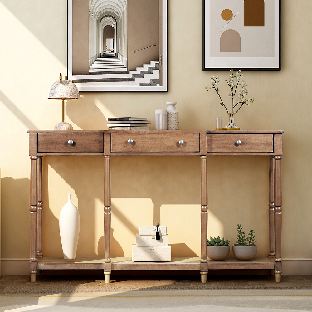 U-STYLE 58" Modern Style Wooden Console Table with 3 Storage Drawers, and Bottom Shelf, for Entrance, Hallway, Dining Room, Kitchen - Brown