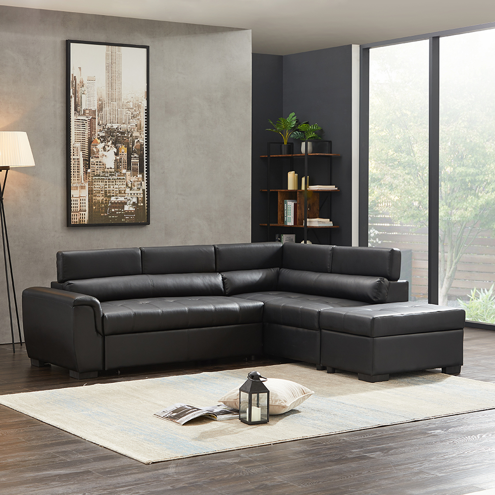 95.3" 5-Seat L-shaped Corner Leather Sofa Bed with Storage Ottoman, Wooden Frame, and Plastic Feet, for Living Room, Bedroom, Office, Apartment - Black