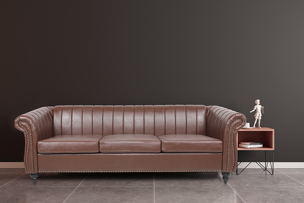 84'' 3-Seat PU Leather Sofa with Reversible Cushions, and Wooden Frame, for Living Room, Bedroom, Office, Apartment - Brown