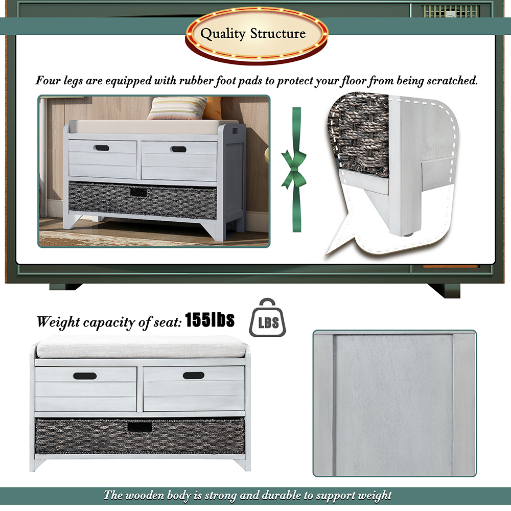 TREXM 32" Linen Blend Storage Bench with Removable Basket and 2 Drawers, for Entrance, Hallway, Bedroom - Light Gray