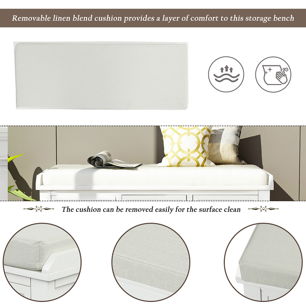 TREXM 42.1" Rustic Style Storage Bench with 3 Drawers, 3 Rattan Baskets, and Removable Cushion, for Entrance, Hallway, Bedroom, Living Room - White