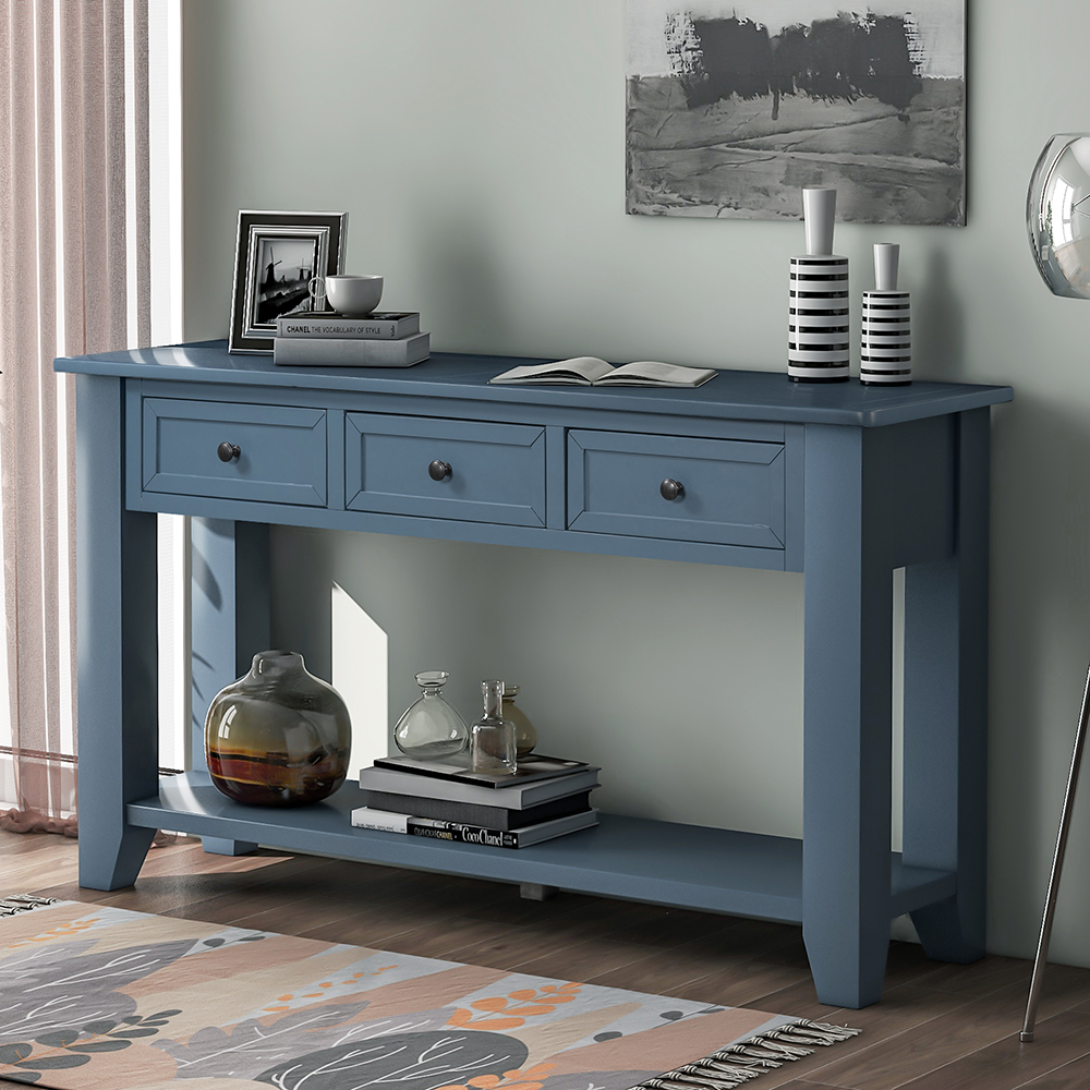 U-STYLE 55" Modern Style Wooden Console Table with 3 Storage Drawers, and Bottom Shelf, for Entrance, Hallway, Dining Room, Kitchen - Blue