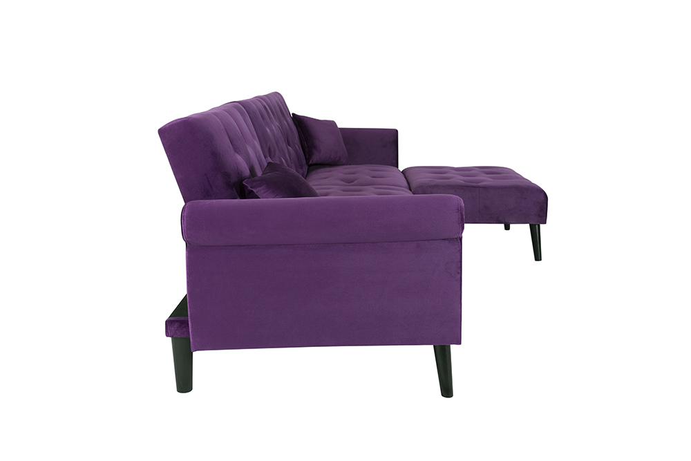 115" 4-Seat Velvet Upholstered Convertible Sofa Bed with Wooden Legs, for Living Room, Bedroom, Office, Apartment - Purple