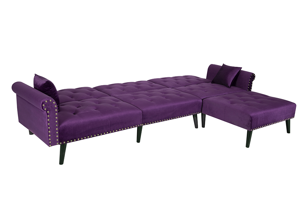 115" 4-Seat Velvet Upholstered Convertible Sofa Bed with Wooden Leges, for Living Room, Bedroom, Office, Apartment - Purple
