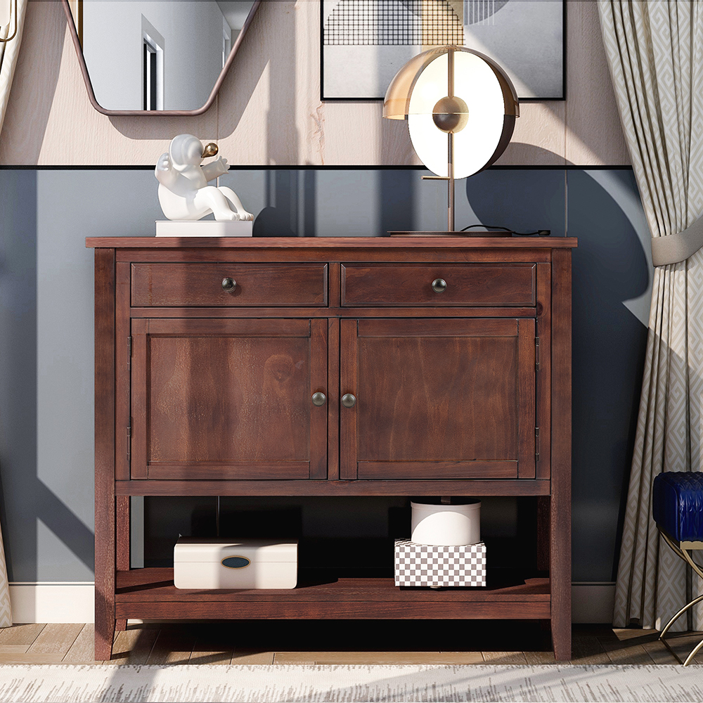 U-STYLE 39'' Modern Style Wooden Console Table with 2 Storage Drawers, 2 Cabinets and Bottom Shelf, for Entrance, Hallway, Dining Room, Kitchen - Espresso