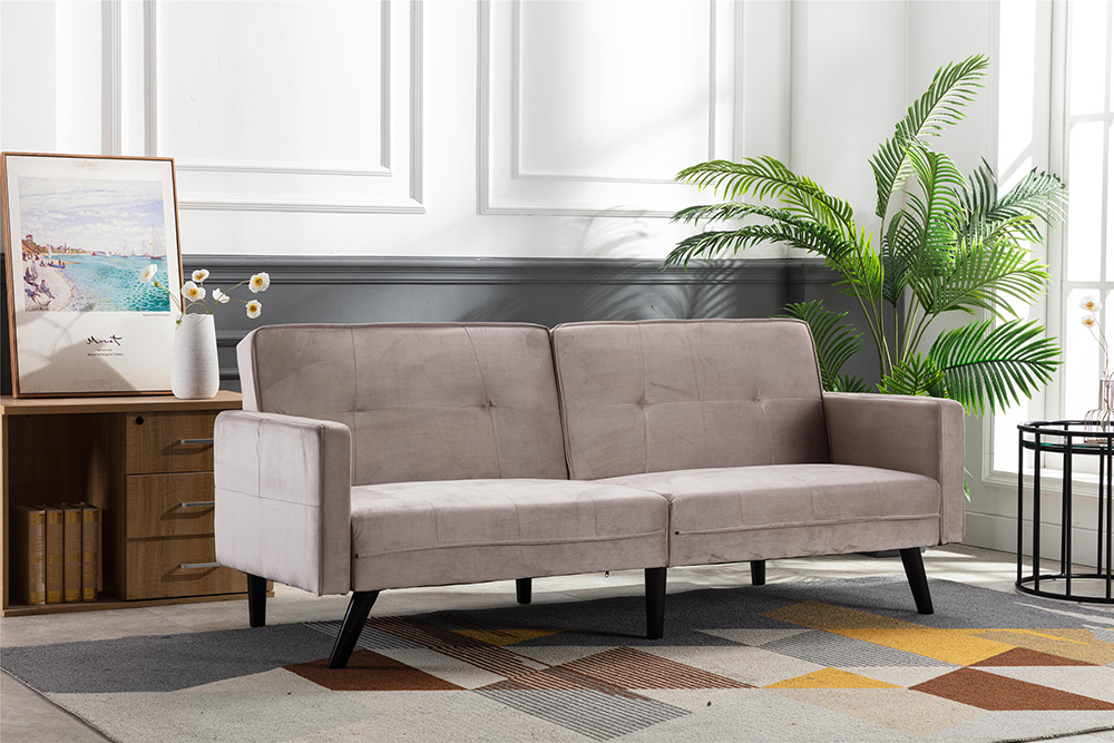 COOLMORE 2-Seat Velvet Upholstered Sofa Bed with Wooden Frame, for Living Room, Bedroom, Office, Apartment - Beige