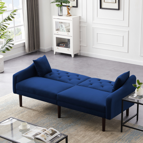 74.8" 2-Seat Velvet Upholstered Sofa Bed with 2 Pillows, and Wooden Frame, for Living Room, Bedroom, Office, Apartment - Blue