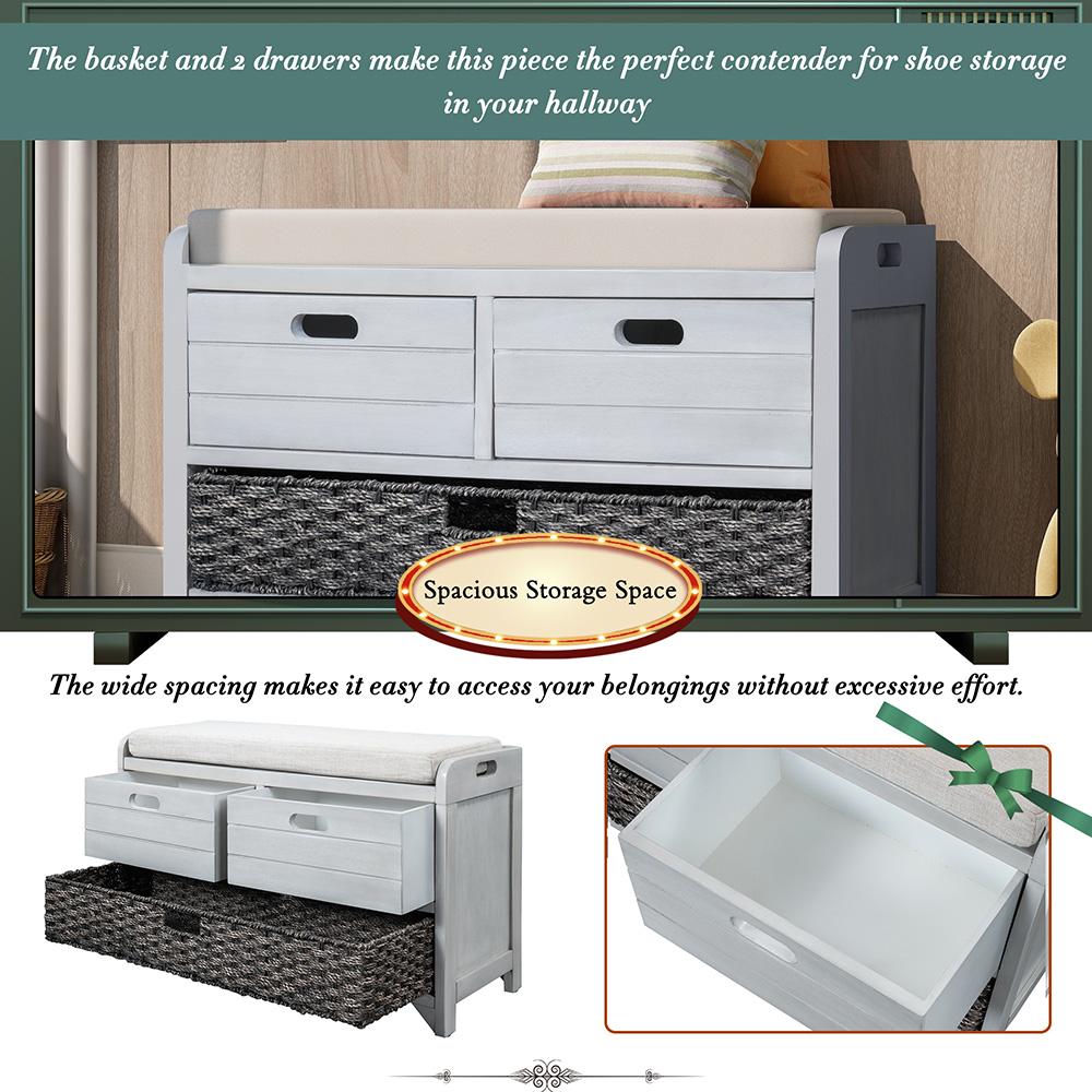 TREXM 32" Linen Blend Storage Bench with Removable Basket and 2 Drawers, for Entrance, Hallway, Bedroom - Light Gray