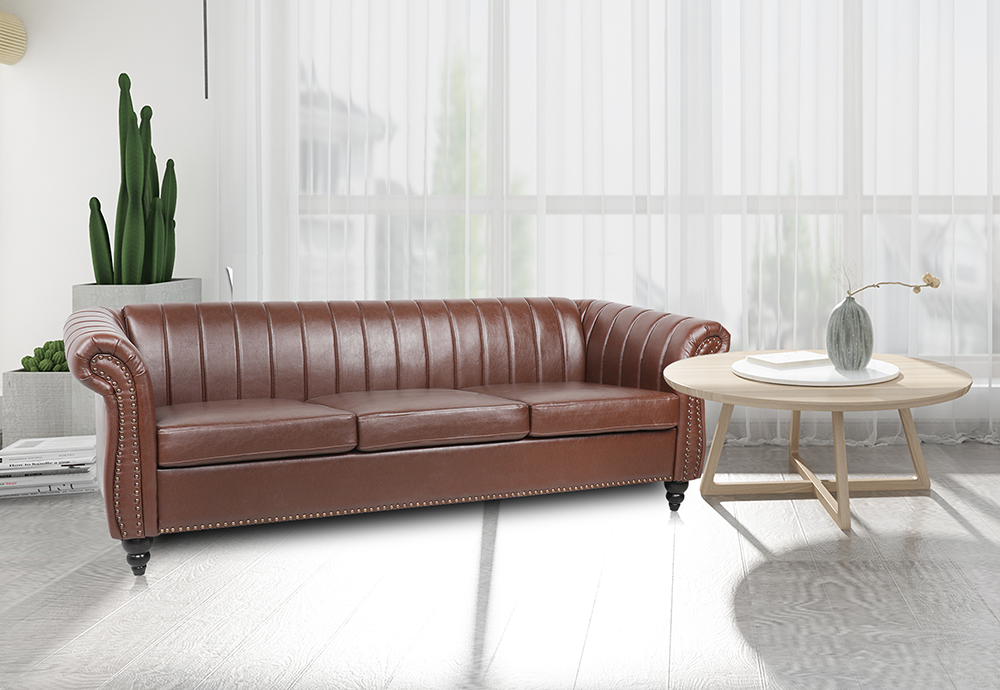 84'' 3-Seat PU Leather Sofa with Reversible Cushions, and Wooden Frame, for Living Room, Bedroom, Office, Apartment - Brown