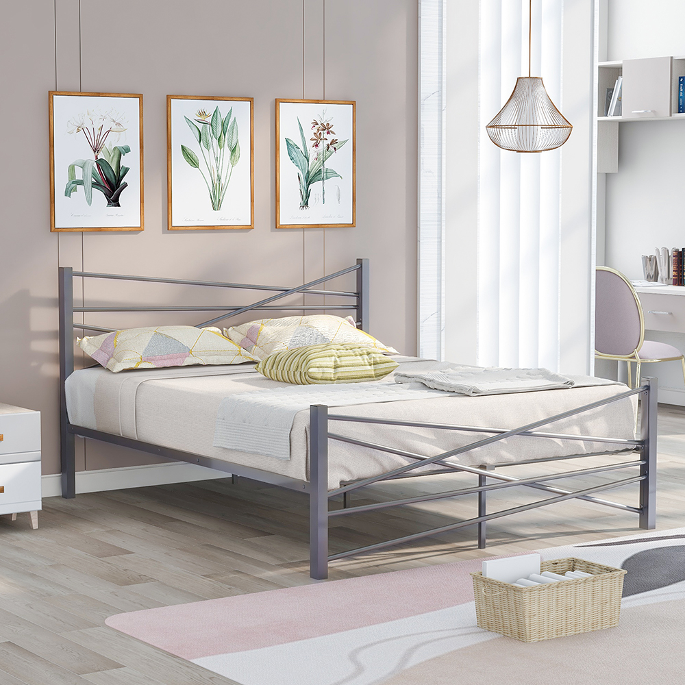 Queen-Size Platform Bed Frame with Headboard and Metal Slats Support, No Box Spring Needed (Only Frame) - Silver