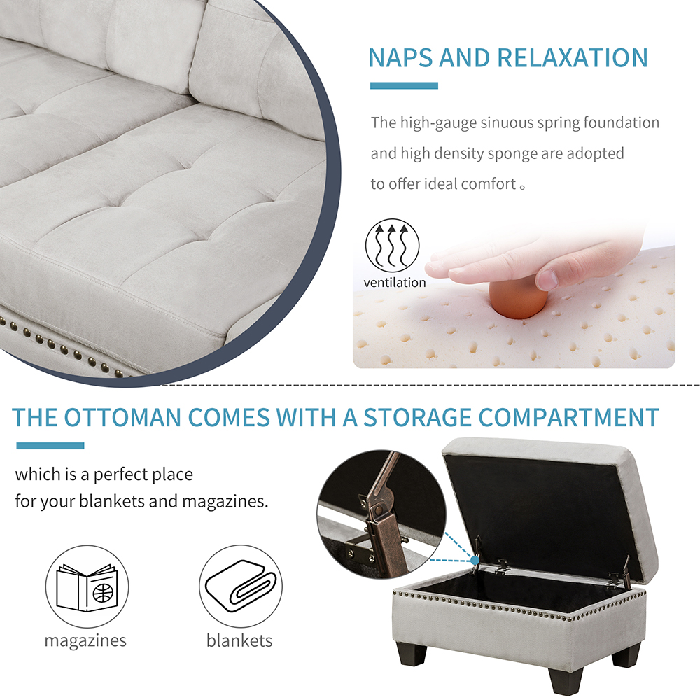 TREXM 105.1" Microsuede Upholstered Sectional Sofa with Storage Ottoman, Wooden Frame, and Plastic Legs, for Living Room, Bedroom, Office, Apartment - Gray