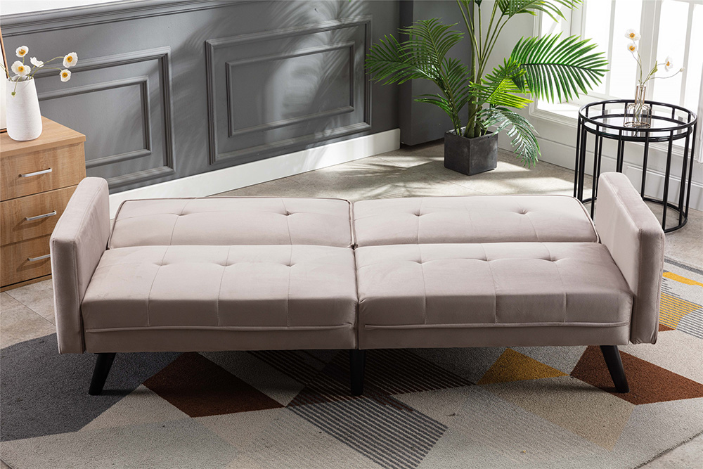 COOLMORE 2-Seat Velvet Upholstered Sofa Bed with Wooden Frame, for Living Room, Bedroom, Office, Apartment - Beige
