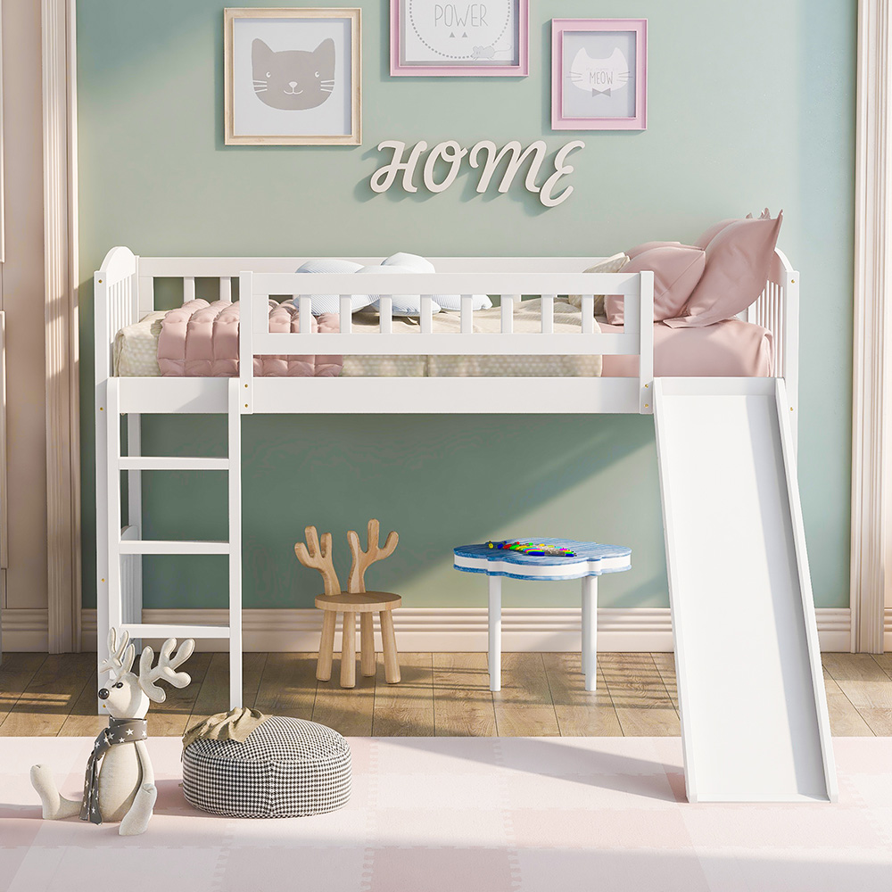 Twin-Size Loft Bed Frame with Slide, Ladder, and Wooden Slats Support, for Kids, Teens, Boys, Girls (Frame Only) - White