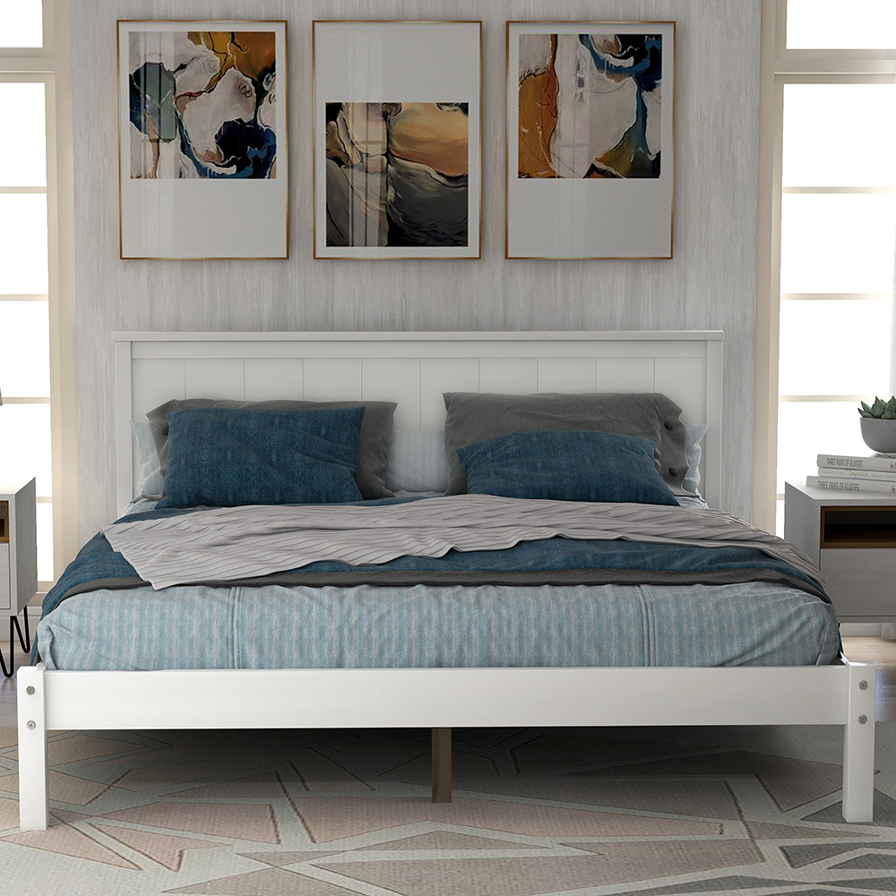 Full-Size Platform Bed Frame with Headboard and Wooden Slats Support, No Box Spring Needed (Only Frame) - White