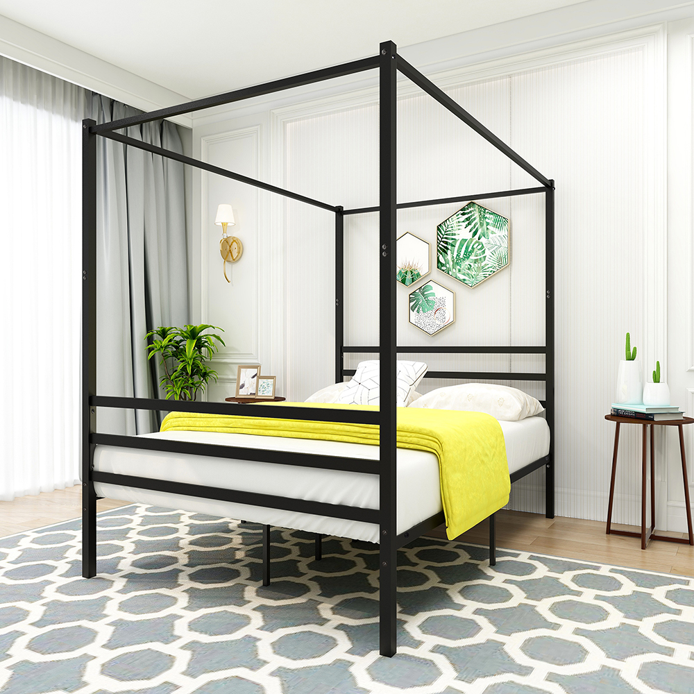 Full-Size Canopy Platform Bed Frame with 4 Pillars and Metal Slats Support, No Box Spring Needed (Only Frame) - Black