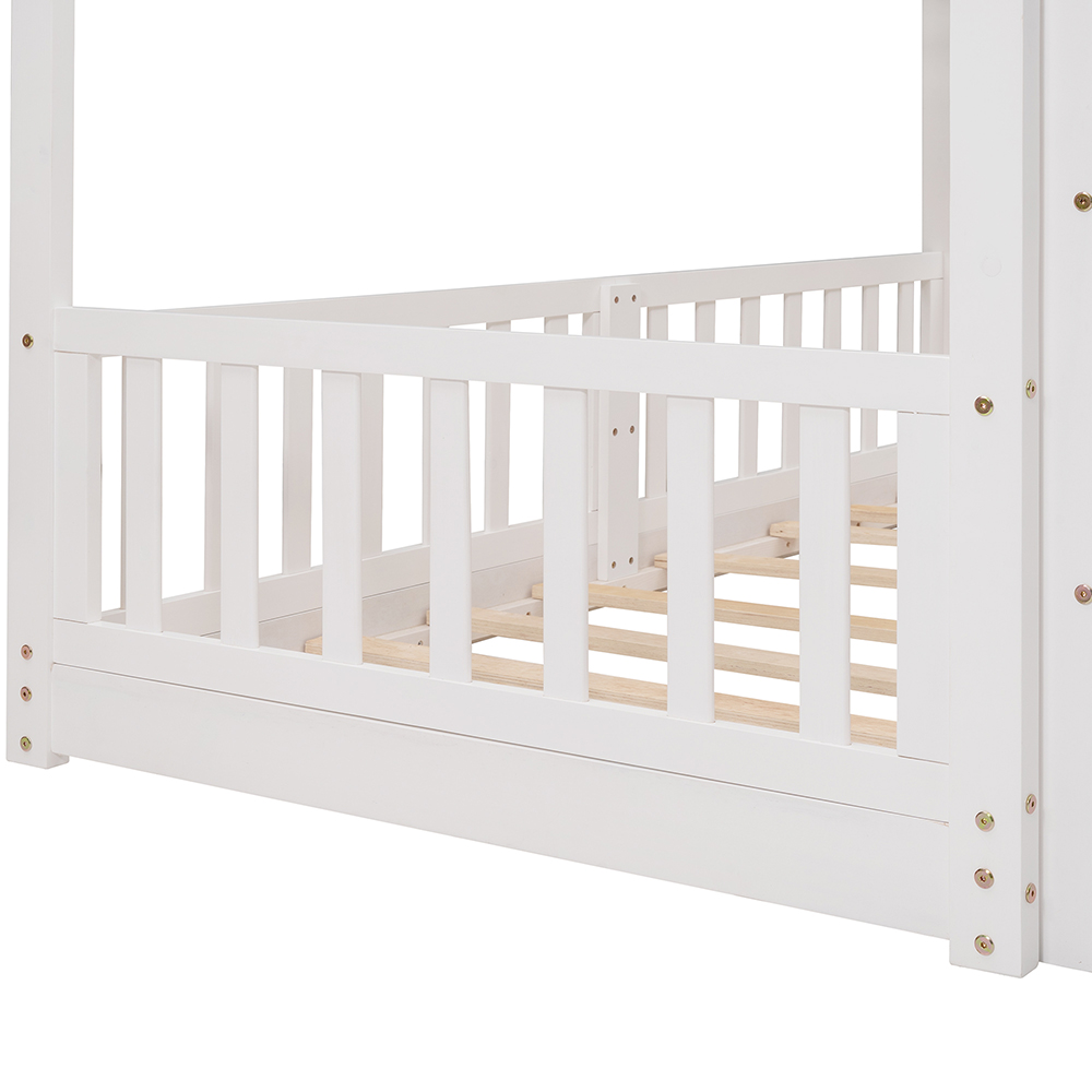Twin-Over-Twin Size Bunk Bed Frame with Fences, Slide, Ladder, and Wooden Slats Support, No Spring Box Required, for Kids, Teens (Frame Only) - White