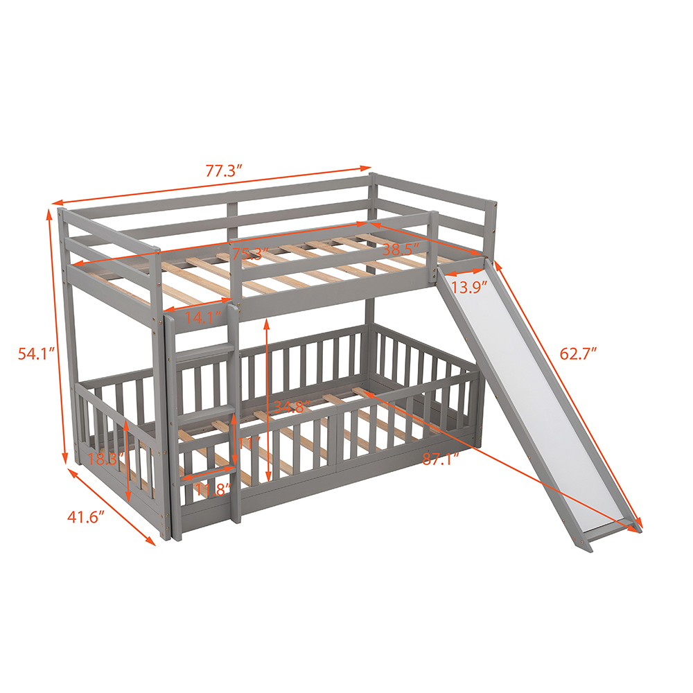 Twin-Over-Twin Size Bunk Bed Frame with Fences, Slide, Ladder, and Wooden Slats Support, No Spring Box Required, for Kids, Teens (Frame Only) - Gray