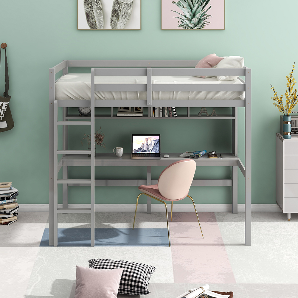 Twin-Size Loft Bed Frame with Desk, Storage Shelves, Ladder, and Wooden Slats Support, for Kids, Teens, Boys, Girls (Frame Only) - Gray