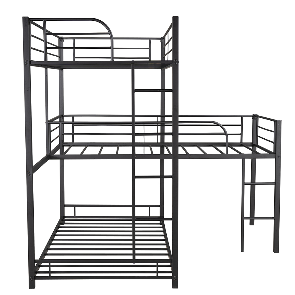 Twin-Size L-shaped Triple Bed Frame with Ladders, and Metal Slats Support, No Spring Box Required, for Kids, Teens (Frame Only) - Black