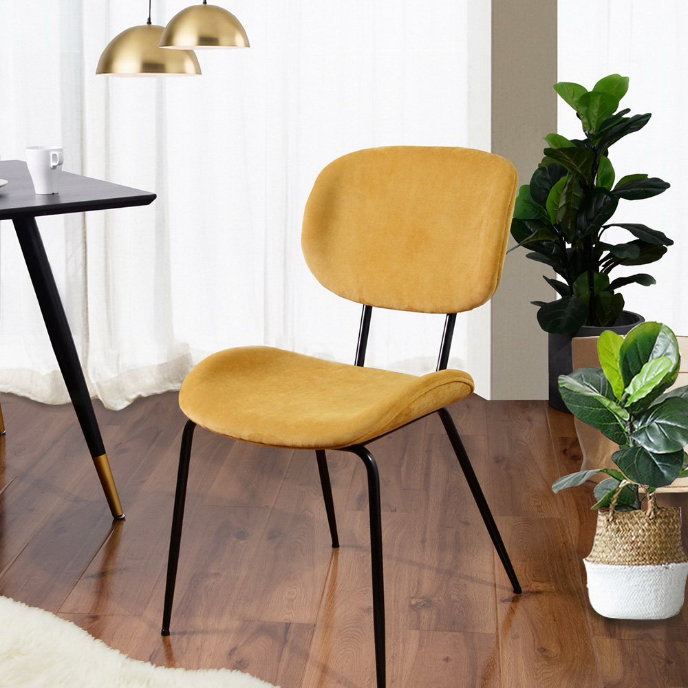 Velvet Upholstered Dining Chair Set of 2, with Curved Backrest, and Metal Legs, for Restaurant, Cafe, Tavern, Office, Living Room - Yellow