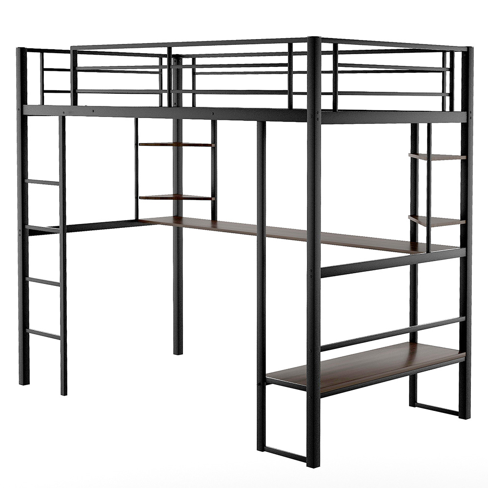 Twin-Size Loft Bed Frame with Ladder, Desk, Storage Shelves, and Steel Slats Support, for Kids, Teens, Boys, Girls (Frame Only) - Brown