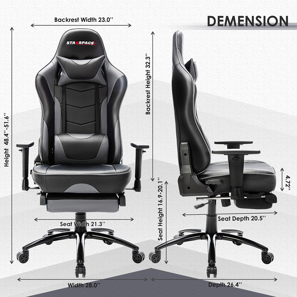 STARSPACE Home Office PU Leather Rotatable Massage Gaming Chair Height Adjustable with Ergonomic High Backrest and Footrest - Gray