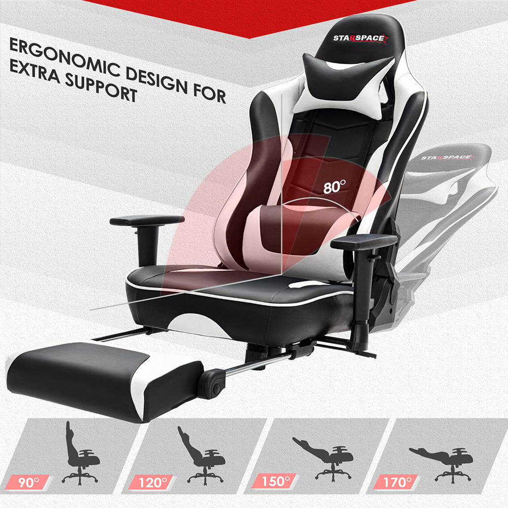 STARSPACE Home Office PU Leather Rotatable Massage Gaming Chair Height Adjustable with Ergonomic High Backrest and Footrest - White
