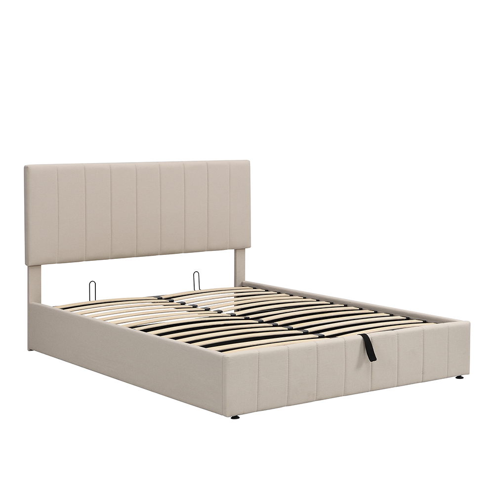 Queen-Size Linen Upholstered Platform Bed Frame with Hydraulic Storage System and Wooden Slats Support, No Box Spring Needed (Only Frame) - Beige