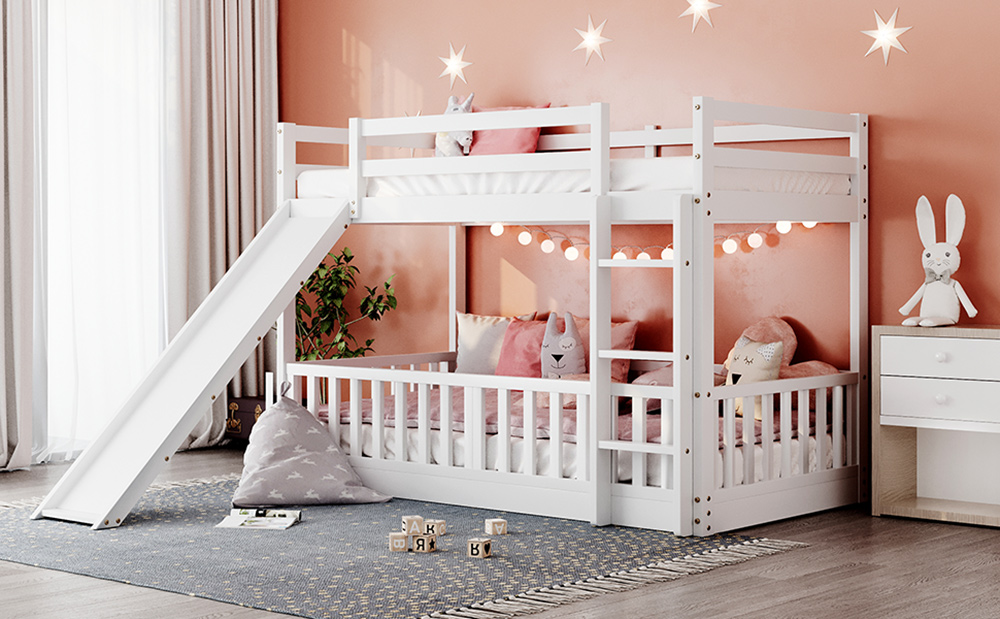 Twin-Over-Twin Size Bunk Bed Frame with Fences, Slide, Ladder, and Wooden Slats Support, No Spring Box Required, for Kids, Teens (Frame Only) - White