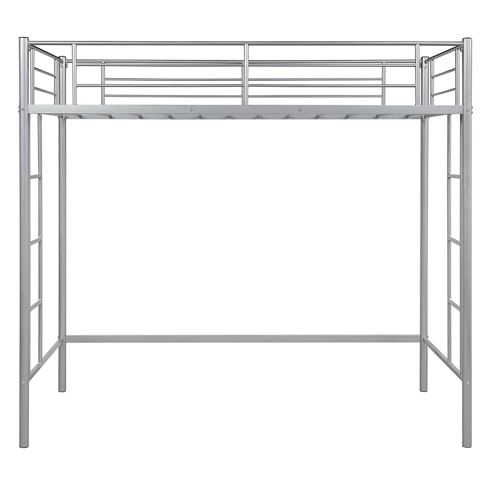 Twin-Size Loft Bed Frame with Guardrail, Two-Side Ladders, and Steel Slats Support, No Box Spring Needed (Only Frame) - Silver