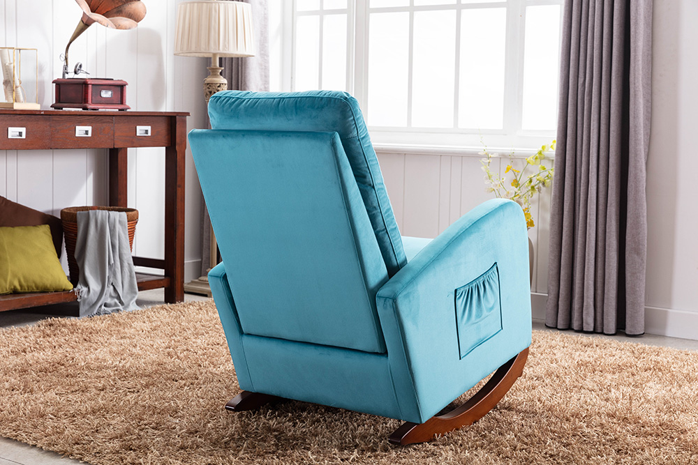Velvet Upholstered Rocking Chair with Solid Wood Base and High Backrest, for Living Room, Bedroom, Dining Room, Nursery - Blue