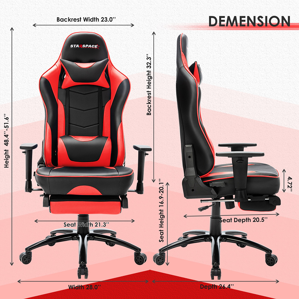 STARSPACE Home Office PU Leather Rotatable Massage Gaming Chair Height Adjustable with Ergonomic High Backrest and Footrest - Red