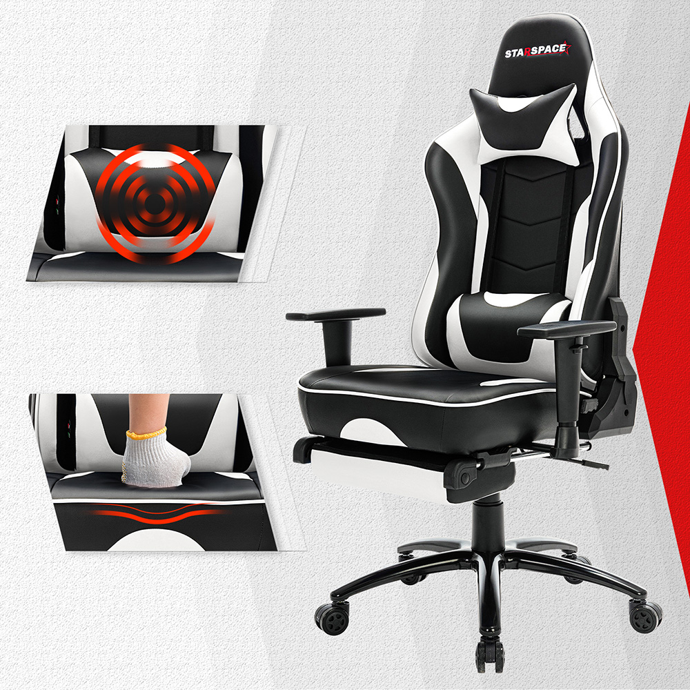 STARSPACE Home Office PU Leather Rotatable Massage Gaming Chair Height Adjustable with Ergonomic High Backrest and Footrest - White